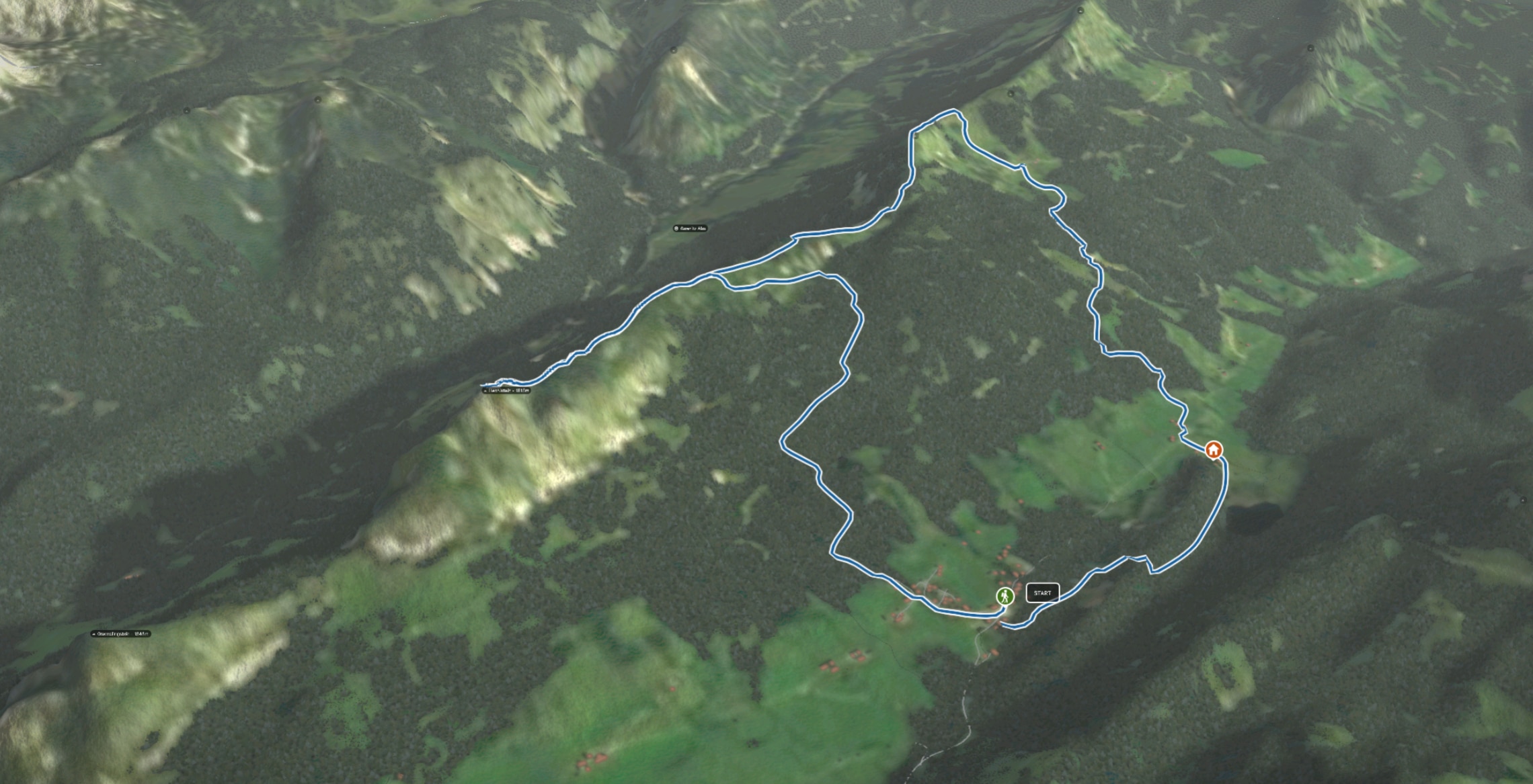 3D-Kartenausschnitt der Wasserwanderung auf den Hechlstein und hinab zum Spechtensee