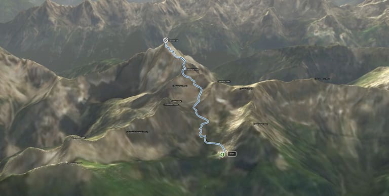 3D-Kartenausschnitt der Wanderung auf den Gipfel des Hochvogel (2.592 m)