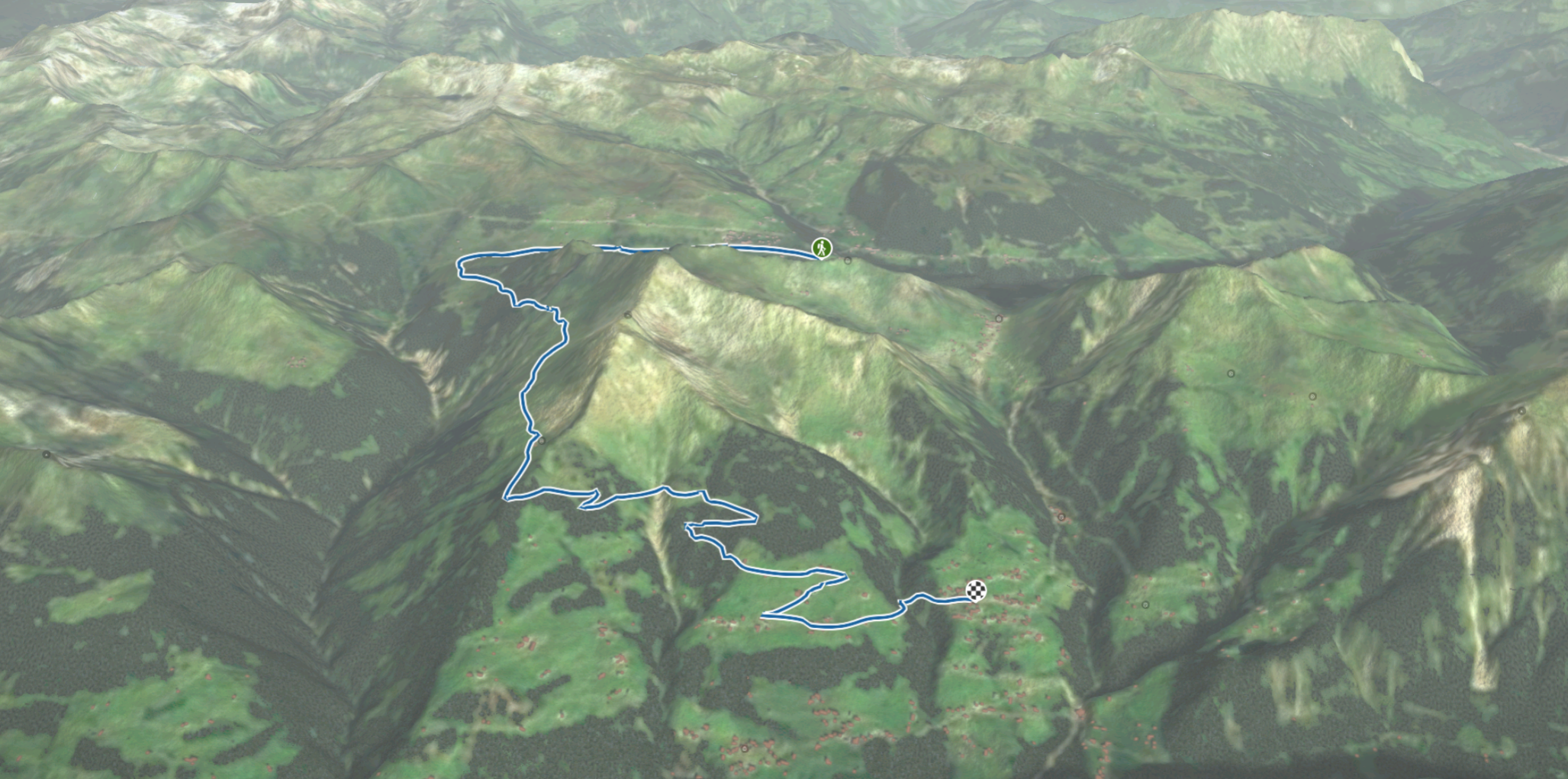 3D-Kartenausschnitt der Rundawnderung von Damüls nach Fontanella im Vorarlberger Bregenzerwald