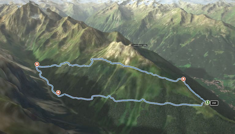 3D-Kartenausschnitt des Panoramaweges am Elfer-Massiv im Stubaital