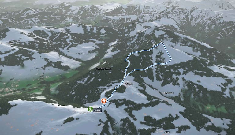 3D-Kartenausschnitt der Skitour auf den Schlenken (1.648 m) nahe der Stadt Salzburg