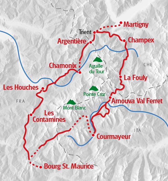 Die 170 km-Route rund um den Mont Blanc.