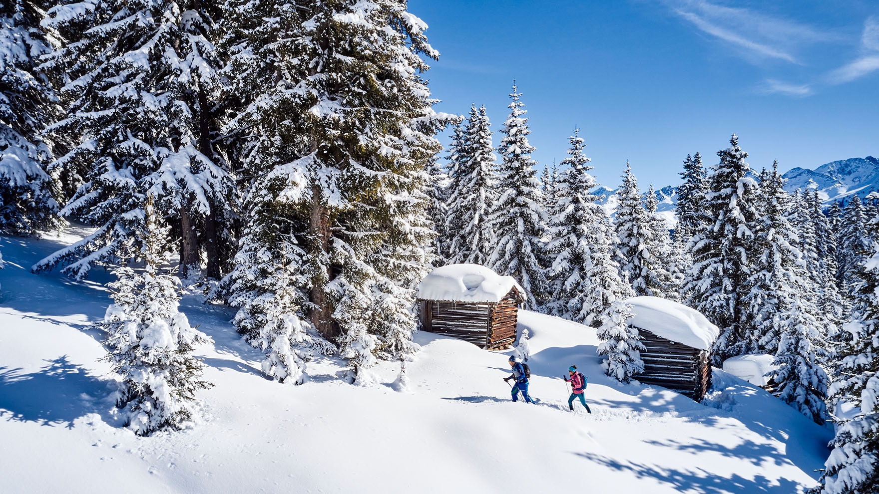Ruhesuchende genießen die märchenhafte Winterlandschaft beim Schneeschuhwandern.