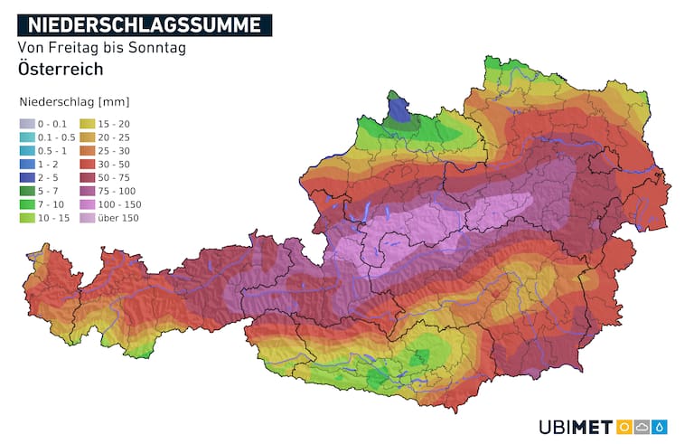 Niederschlagssumme Österreich Freitag bis Sonntag KW28