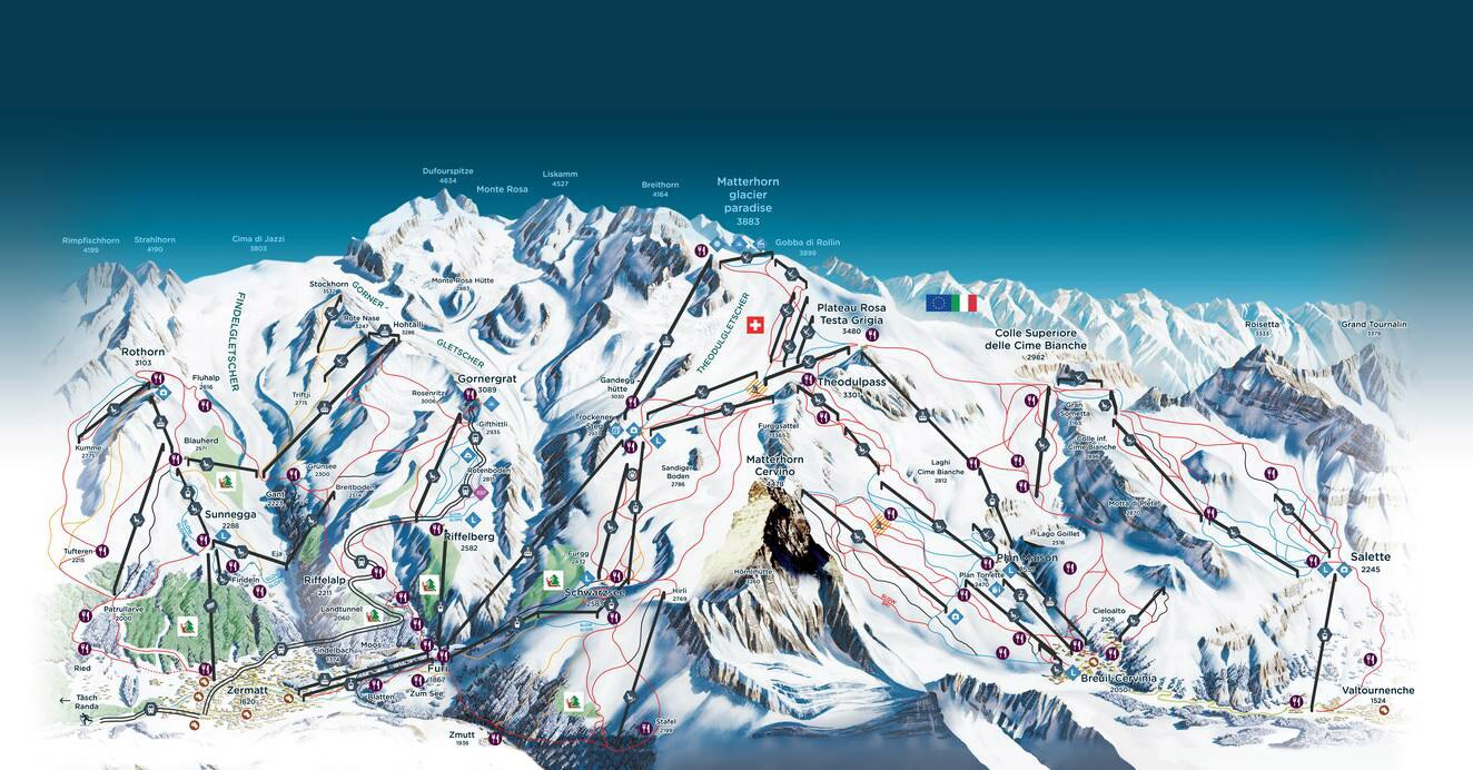 Pistenplan: Skigebiet Zermatt in der Schweiz