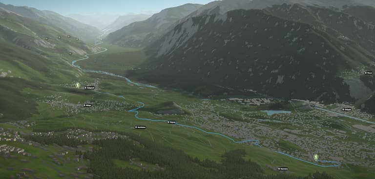 3D-Kartenausschnitt der stadtnahen Wanderung bei Sierre im Kanton Wallis