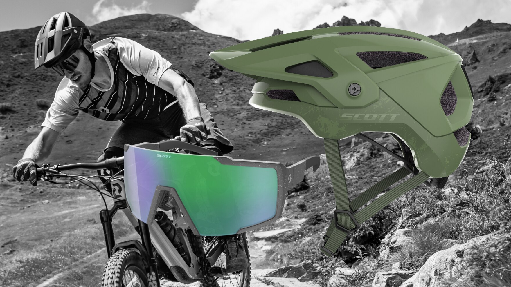 Mit dem Scott Stego Plus Helm und der Scott Shield Sonnenbrille bist du perfekt ausgerüstet für das nächstes Trail-Abenteuer.