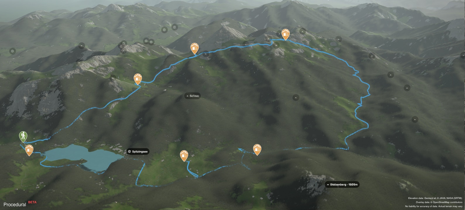 Rund um den Spitzingsee in den Bayerischen Voralpen: 3D-Kartenausschnitt der Gesamtstrecke