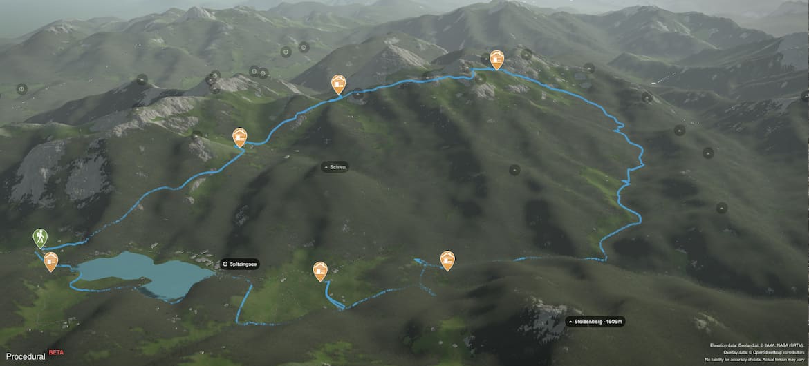 Rund um den Spitzingsee in den Bayerischen Voralpen: 3D-Kartenausschnitt der Gesamtstrecke