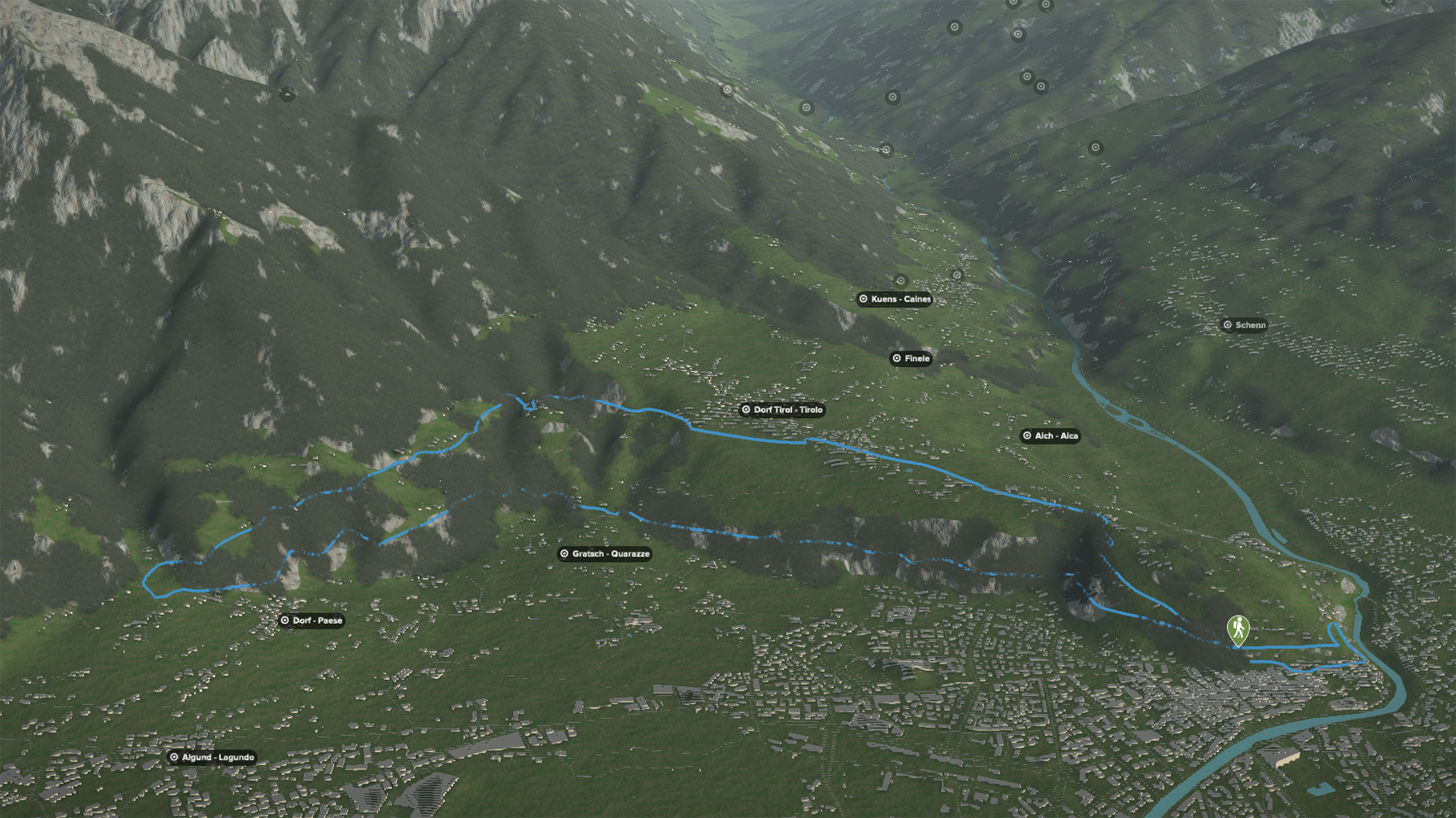 3D-Kartenausschnitt der Wanderung über den Tappeinerweg zum Schluss Tirol.