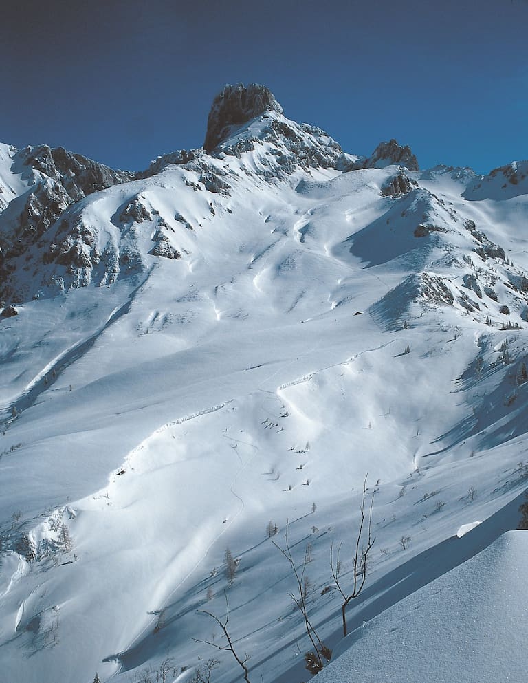 Skiroute von der Loseggalm zum Kampl (ganz rechts) – in Bildmitte: Bischofsmütze.