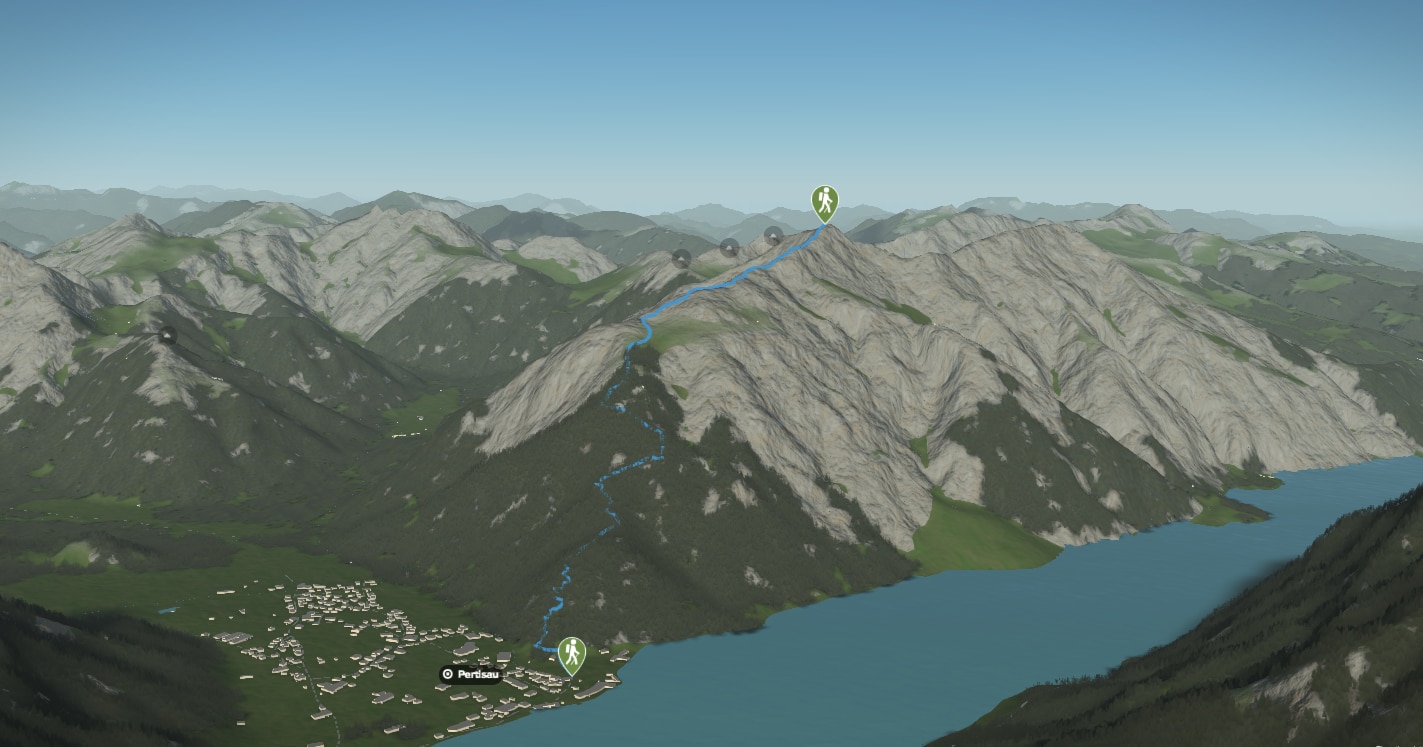 3D-Kartenausschnitt der Wasserwanderung auf die Seespitze am Achensee