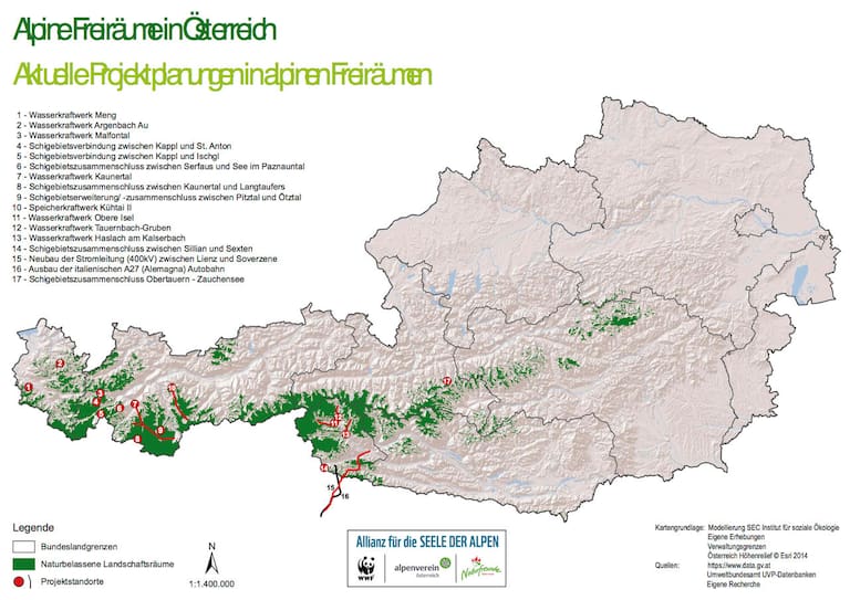 Karte: Aktuelle Projektpläne in alpinen Freiräumen in Österreich