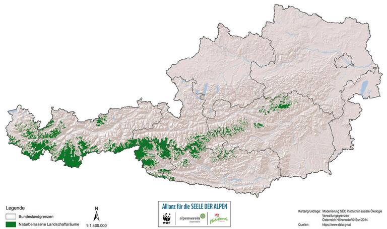 Karte: Naturbelassene Landschaftsräume in Österreich
