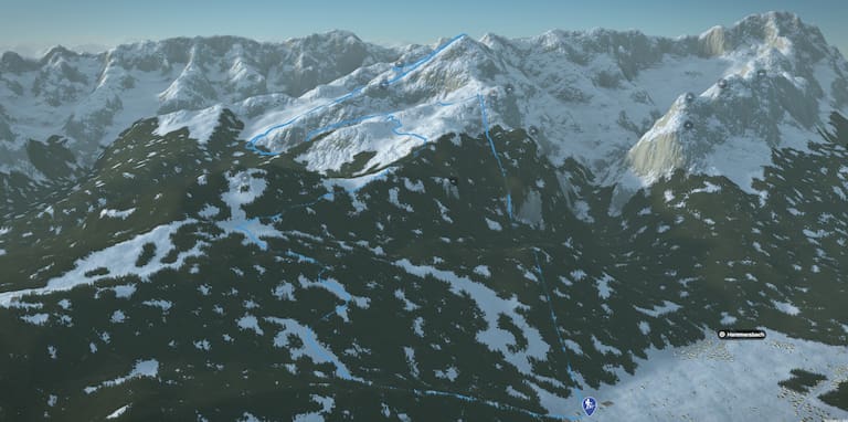 3D-Kartenausschnitt der Skitour auf die Alpspitze über Garmisch Partenkirchen
