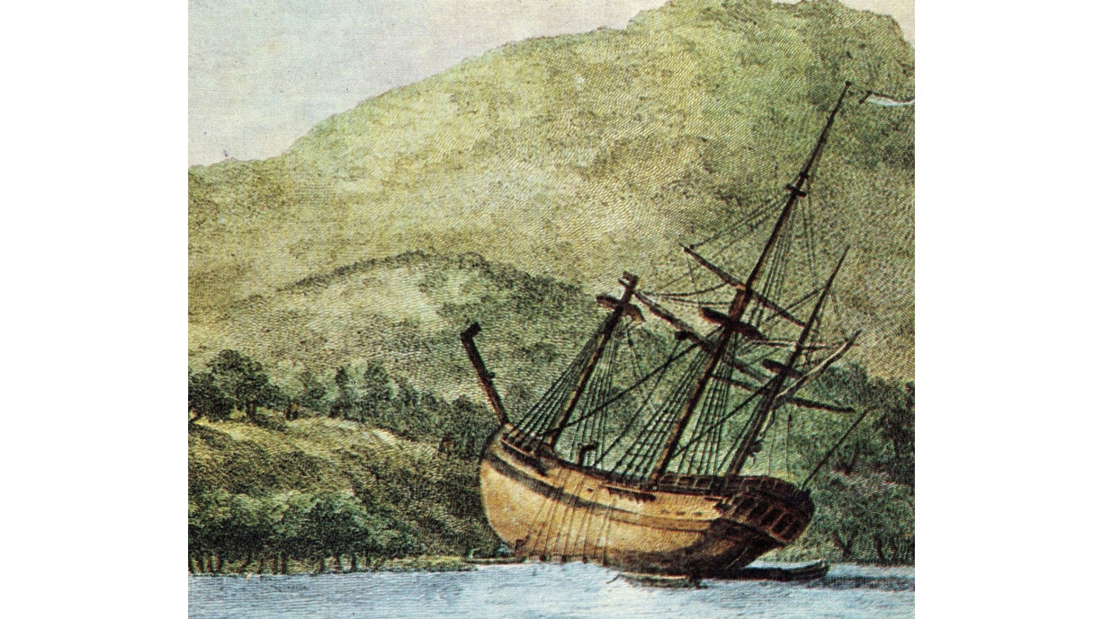 Zeichnung von 1770: James Cooks Schiff im australischen Queensland