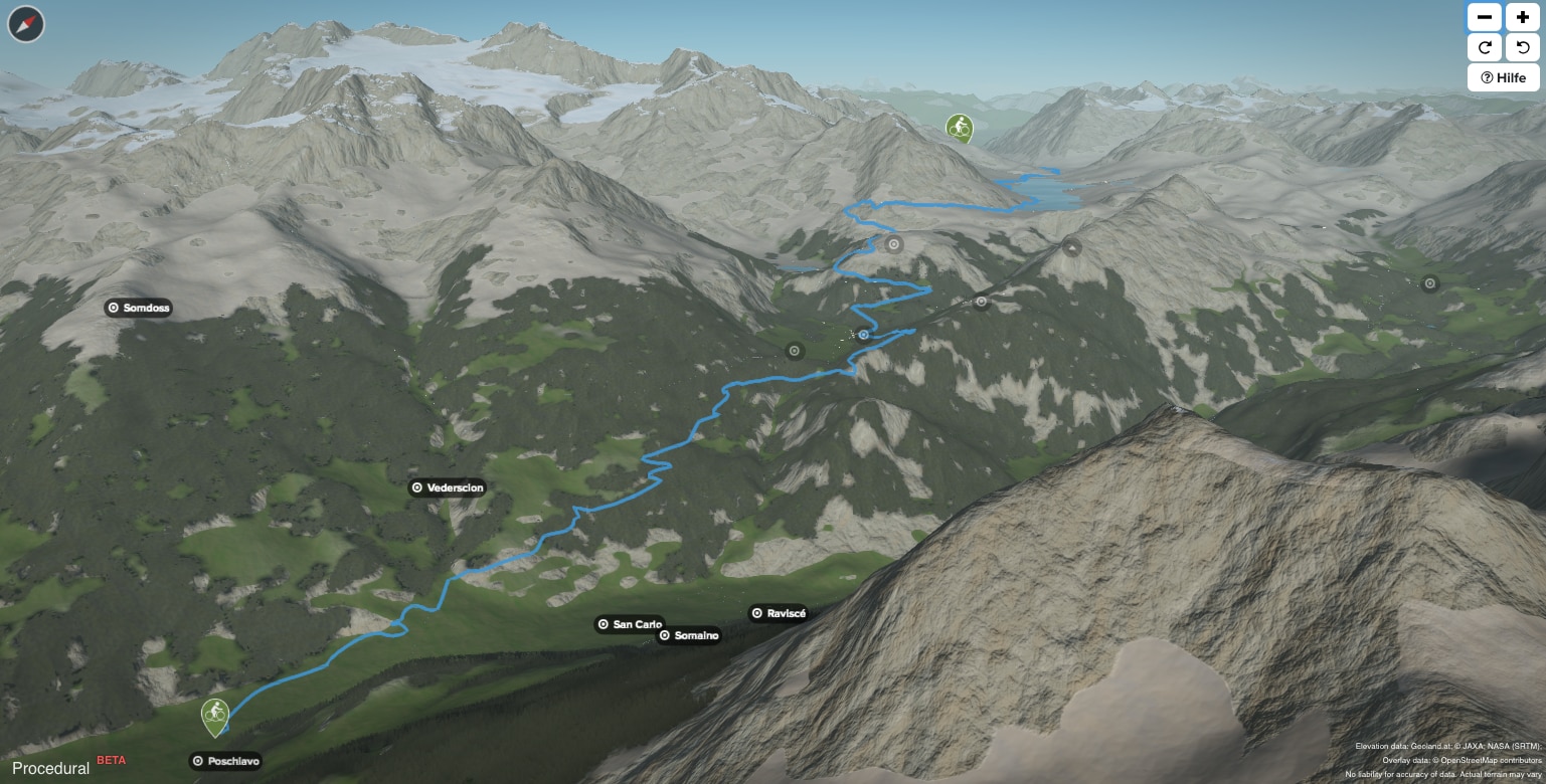3D-Kartenausschnitt der Biketour Bernina Express