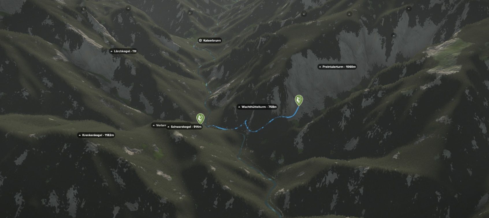 3D-Kartenausschnitt der Klettertour Blechmauerverschneidung