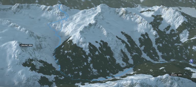 3D-Kartenausschnitt der stadtnahen Skitour auf das Weiße Rössle