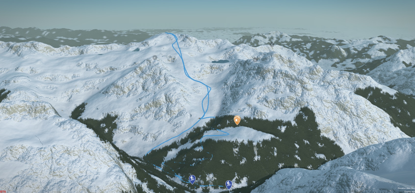 3D-Kartenausschnitt der Skitour auf den Großen Daumen in den Allgäuer Alpen
