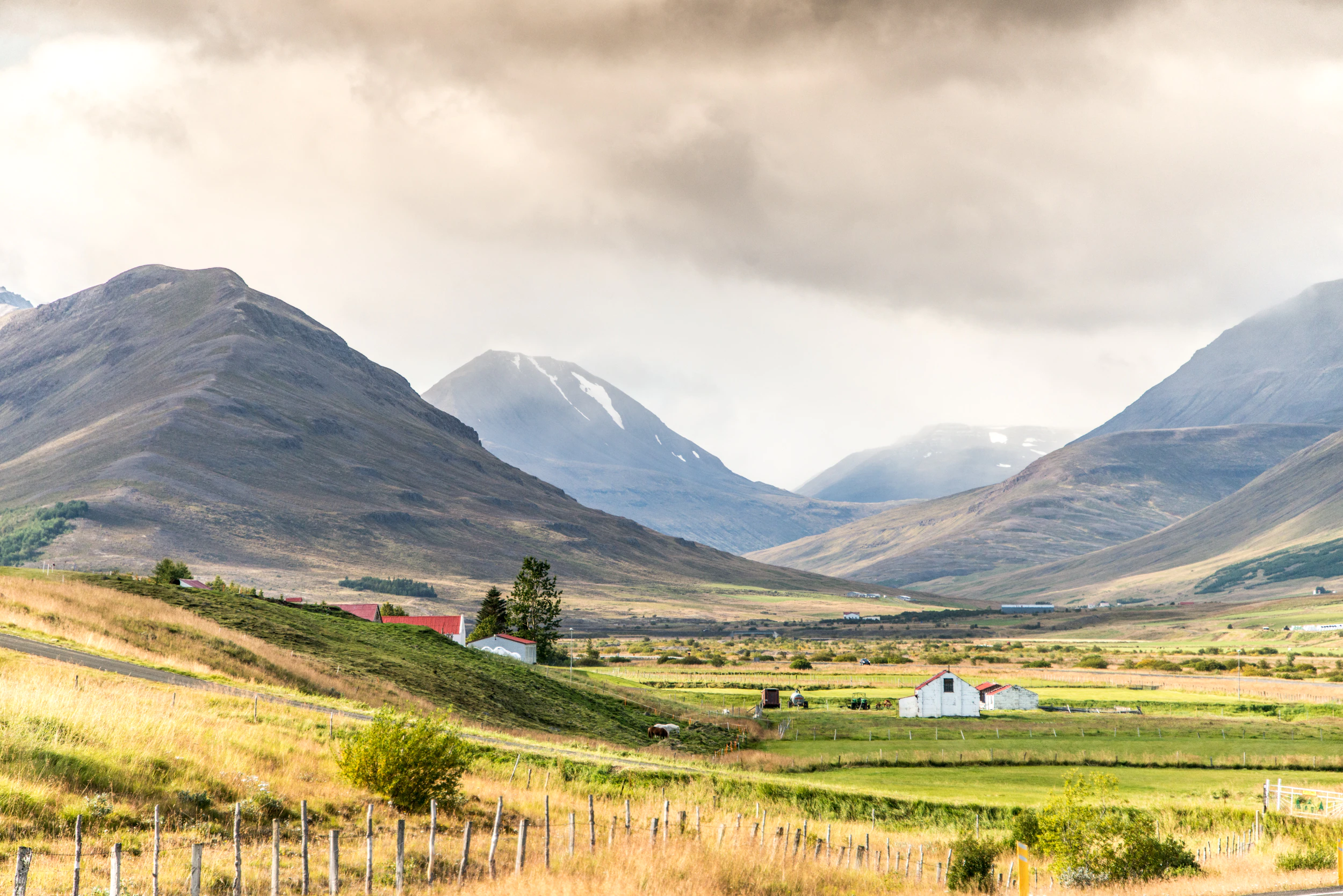 Die isländischen Gehöfte zwischen Hügeln 