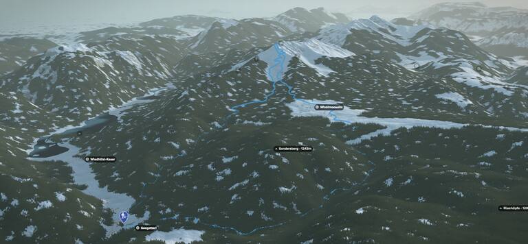 3D-Kartenausschnitt der Skitour auf das Dürrnbachhorn