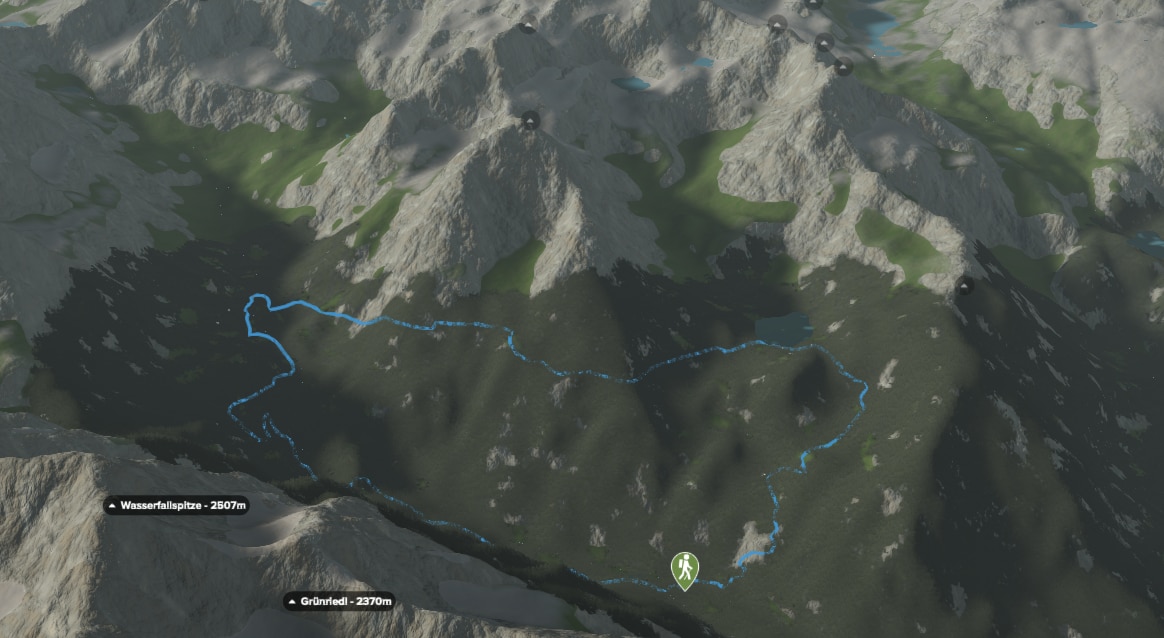 3D-Kartenausschnitt der Wasserwanderung zum Duisitzkarsee in der Steiermark