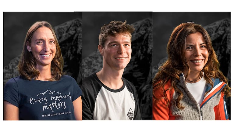 Die Gewinner der Eiger Extreme-Ausschreibung (v.l.n.r.): Sonngrit Böhme aus Deutschland, Christoph Miller aus Österreich und Corina Haas aus der Schweiz 