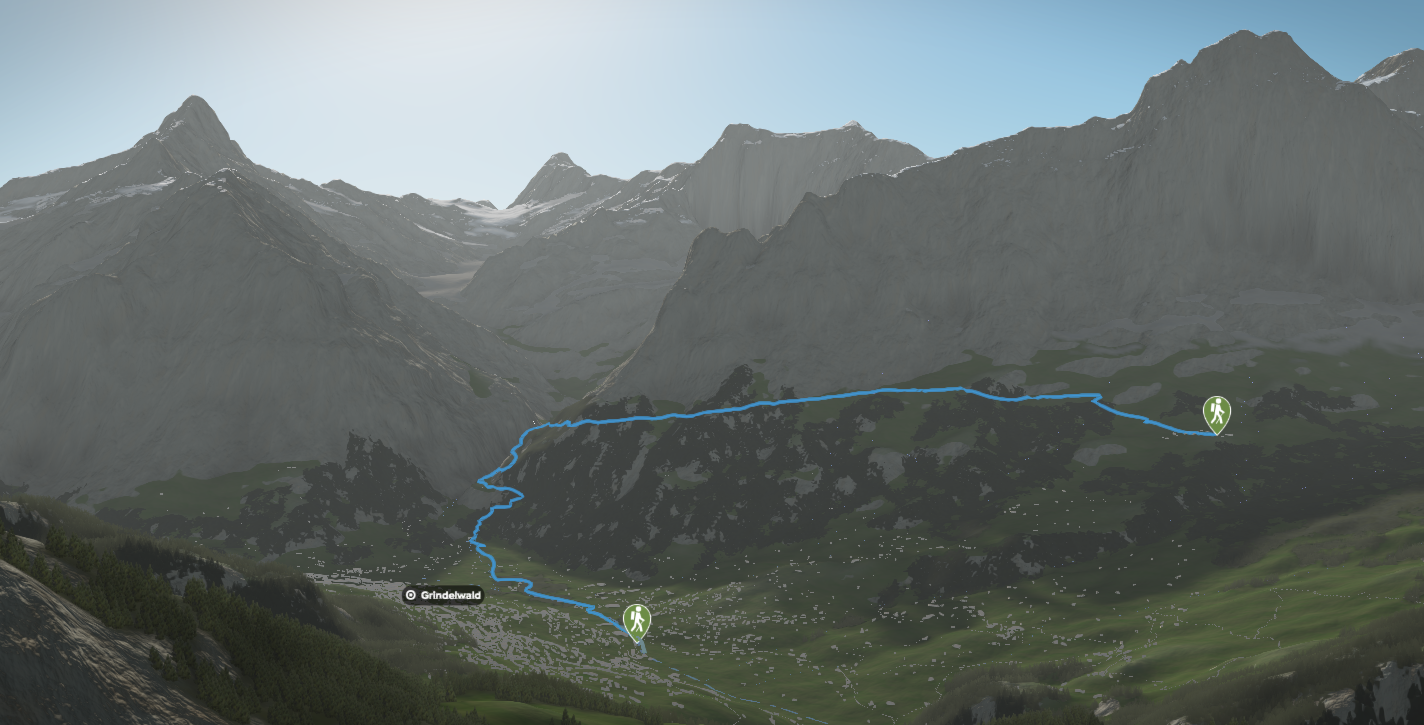 3D-Kartenausschnitt der Wanderung durch die Schlucht des Unteren Grindelwaldgletschers