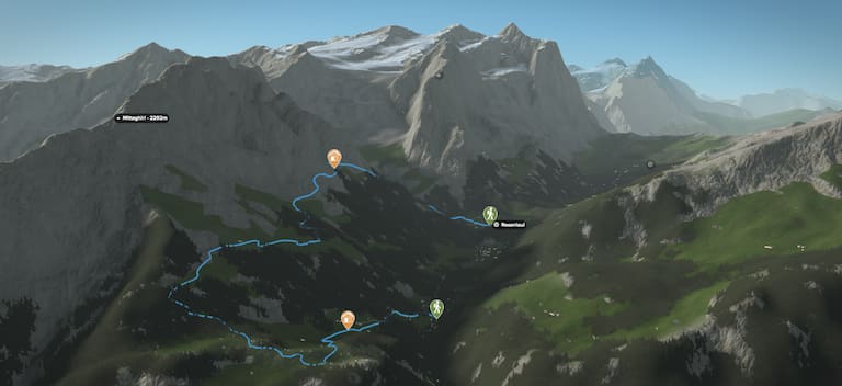 3D-Kartenausschnitt der Bergtour auf die Engelhornhütte