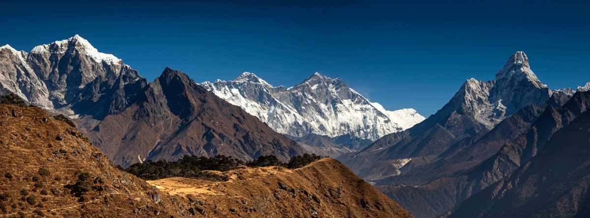 Das Panorama des Everest und seiner umliegenden Bergwelt