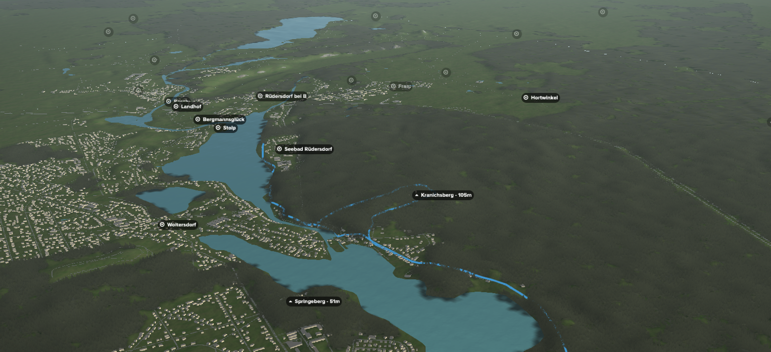 3D-Kartenausschnitt der stadtnahen Tour am Flaken- und Kalksee nahe Berlin