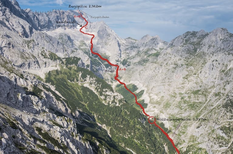 Der Weg über das Höllental auf die Zugspitze mit eingezeichneter Route.