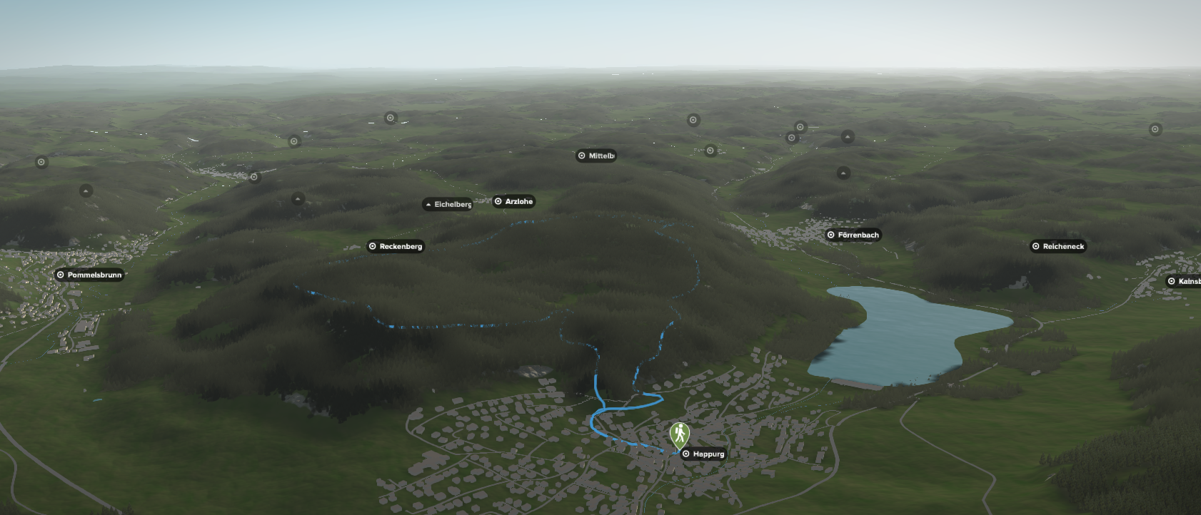 3D-Kartenausschnitt der stadtnahen Wanderung auf die Houbirg