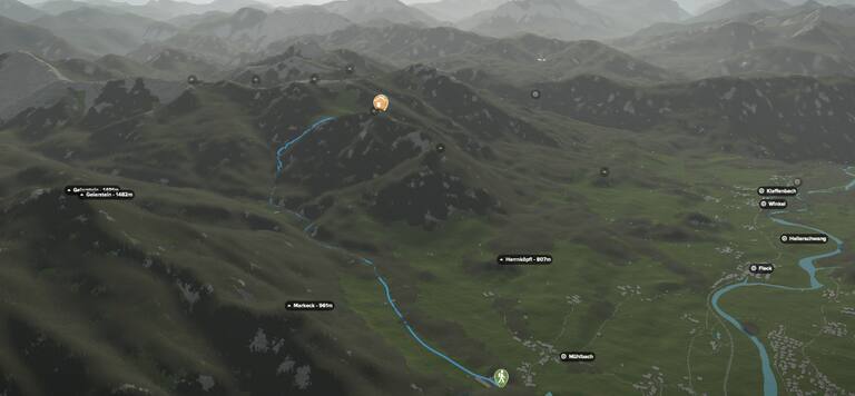 3D-Kartenausschnitt der Wanderung zur Lenggrieser Hütte in Bayern
