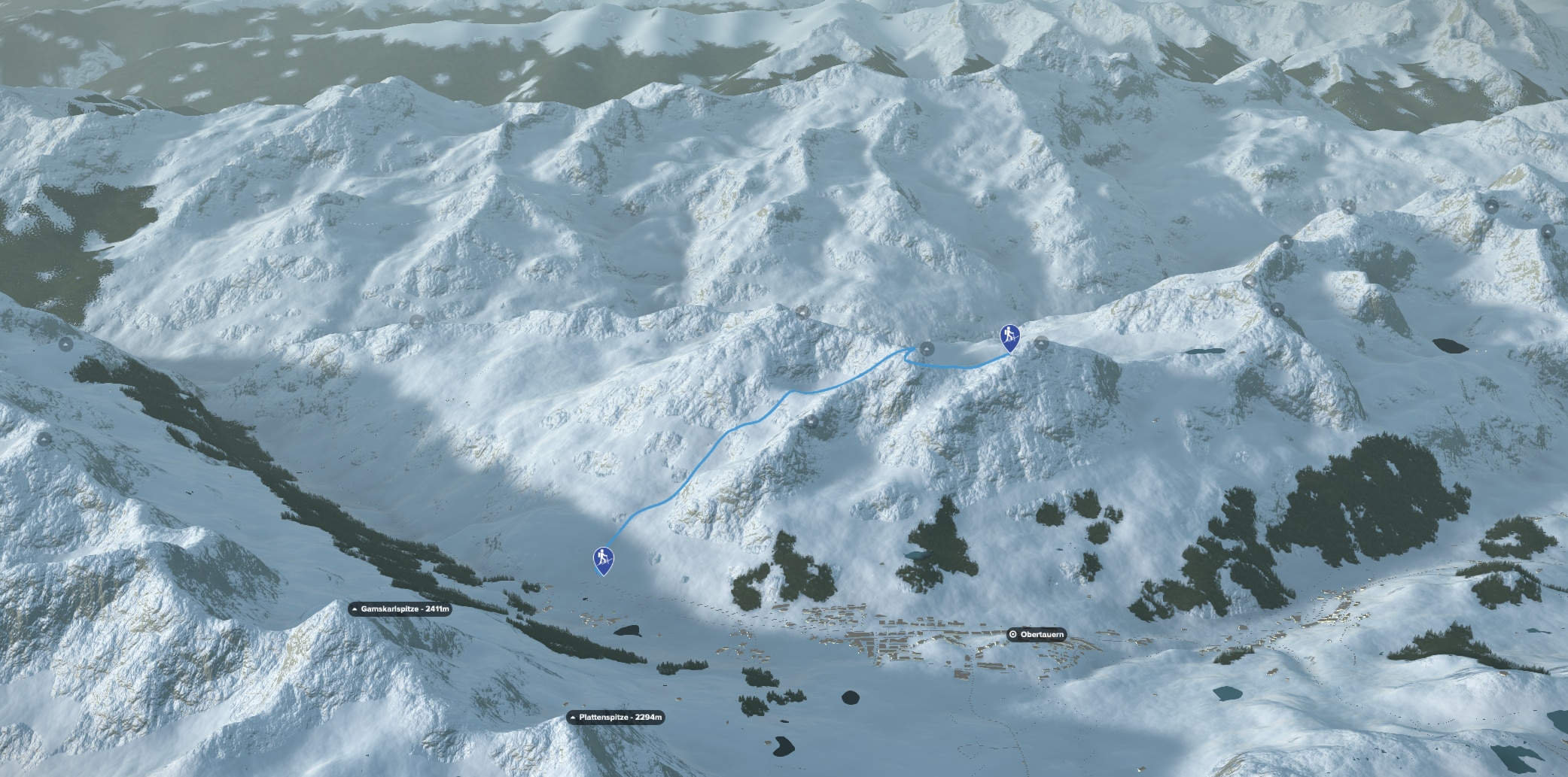 3D-Kartenausschnitt der Freerideabfahrt Kleine Kesselspitze am Obertauern