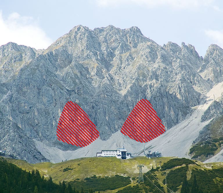 Die Klettergärten (rot) oberhalb der Bergstation der Innsbrucker Nordkettenbahnen