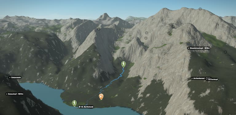 3D-Kartenausschnitt der Wasserwanderung zur Eiskapelle