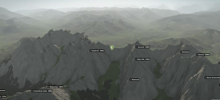 3D-Kartenausschnitt der Klettertour Kopftörlgrat im Wilden Kaiser
