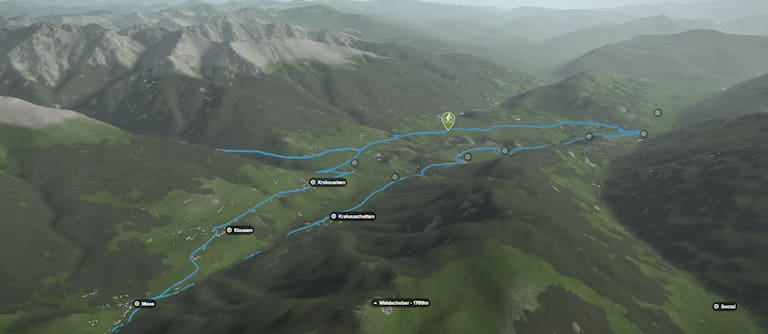 3D-Kartenausschnitt der Seen-Rundtour im Krakautal