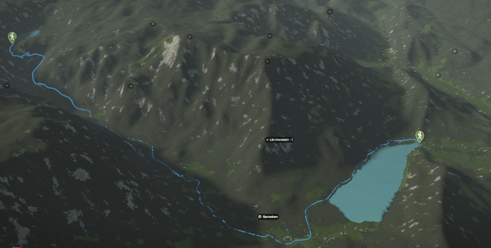 3D-Kartenausschnitt der Wasserwanderung vom Lunzer See zum Obersee