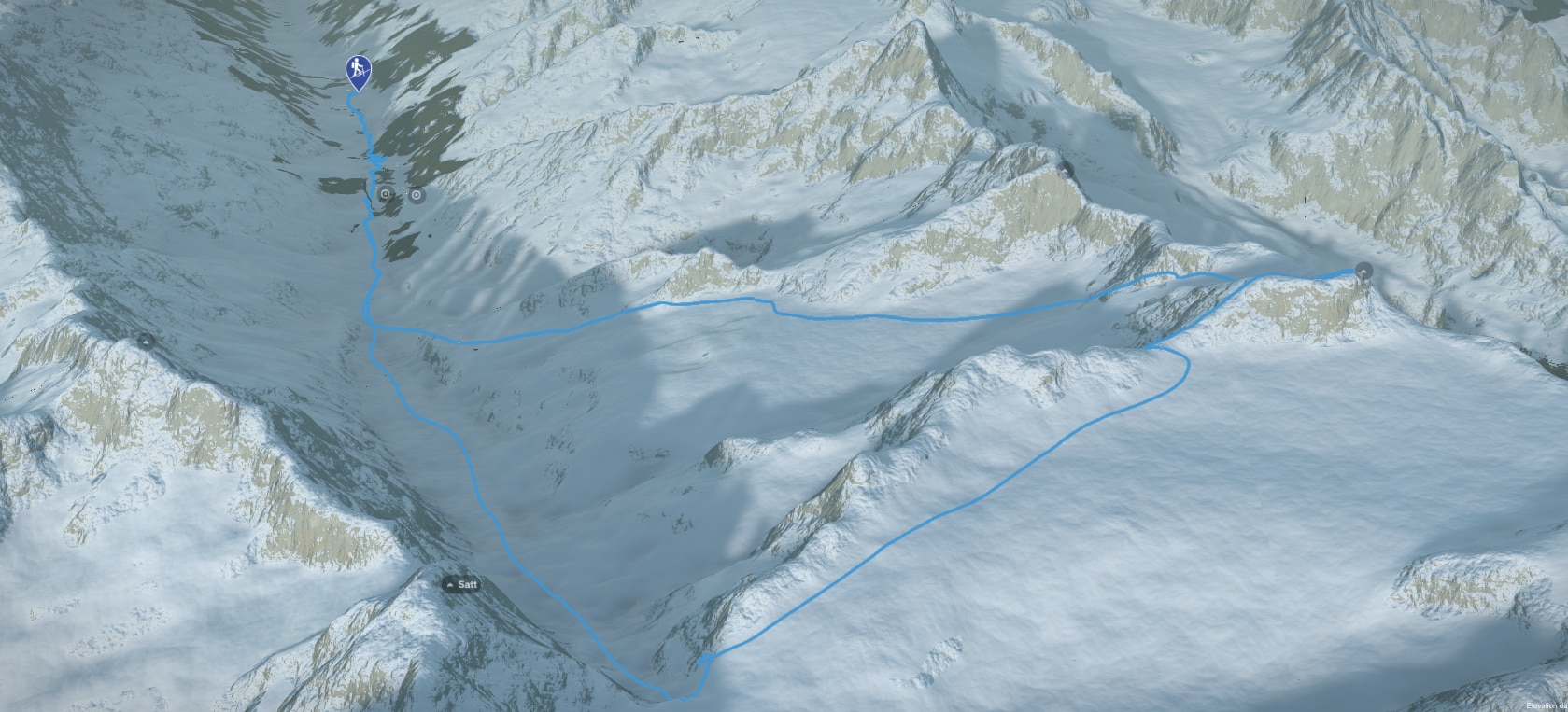 3D-Kartenausschnitt der Skihochtour auf das Mittaghorn
