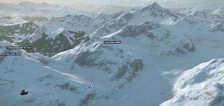 3D-Kartenausschnitt der Skihochtour auf den Monte Rosso in der Berninagruppe