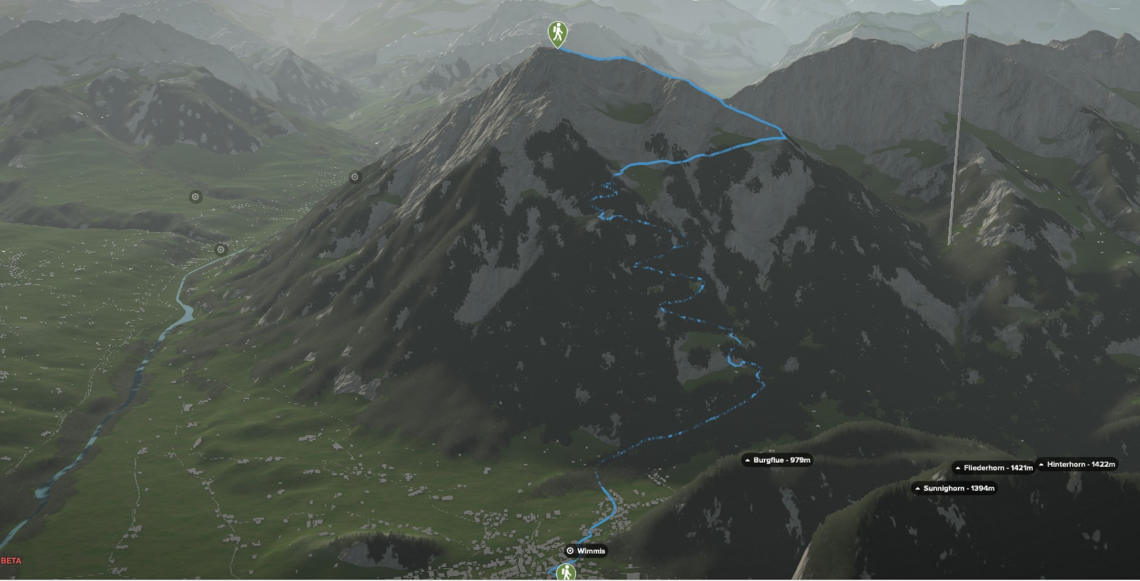 3D-Kartenausschnitt der Wanderung von Wimmis auf den Niesen (2.362 m)
