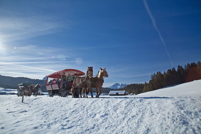 Mit der Pferdekutsche durch die Winterlandschaft der Alpenwelt Karwendel.