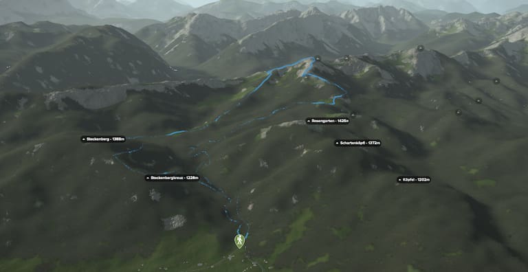3D-Kartenausschnitt der Wanderung zum August-Schuster-Haus am Pürschling (1.566 m) in den Ammergauer Alpen