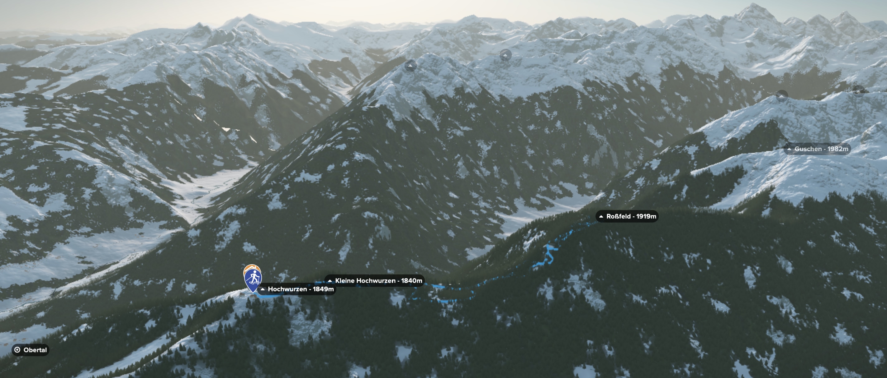 3D-Kartenausschnitt des Schneeschuhwanderung auf das Rossfeld in den Schladminger Tauern
