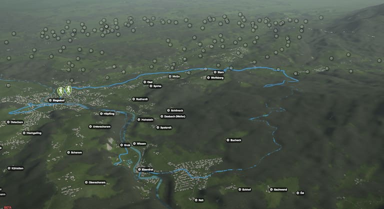 3D-Kartenausschnitt der Salinen-Rundwanderung bei Traunstein
