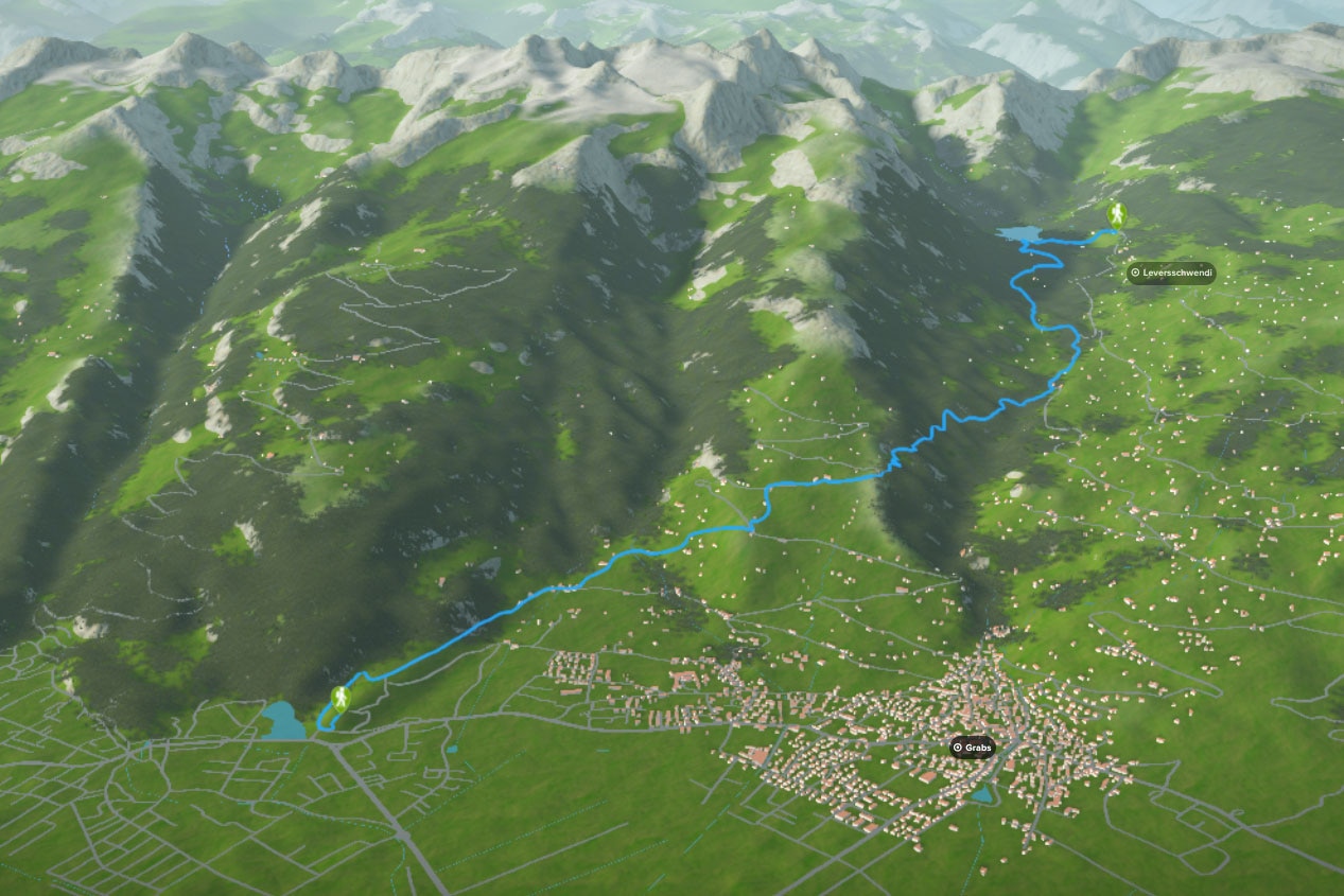3D-Kartenausschnitt der Wanderung zum Werdenbergersee im Kanton St. Gallen