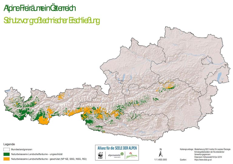 Karte: Naturbelassene Landschaftsräume in Österreich